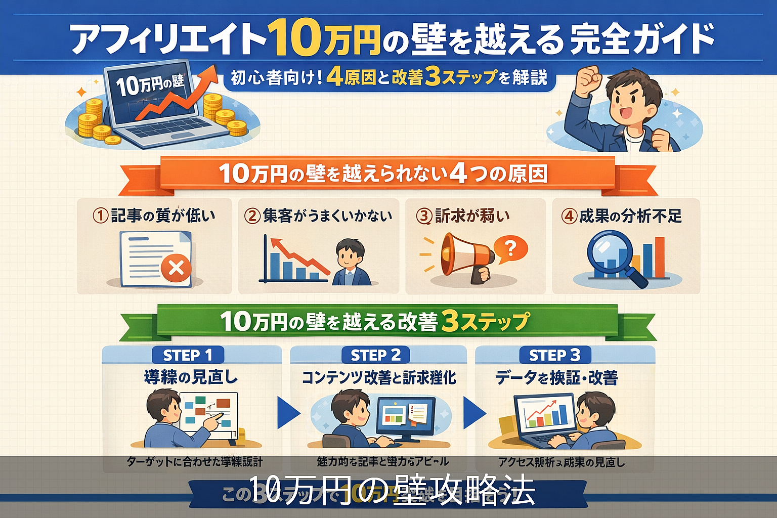 アフィリエイトで10万円の壁を越える4原因と改善3ステップを初心者向けにわかりや